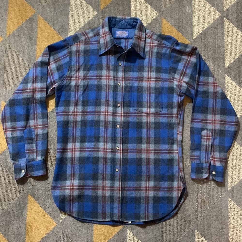Vintage Pendleton Virgin Wool Blue Button Up Flannel Shirt Mens Made in USA